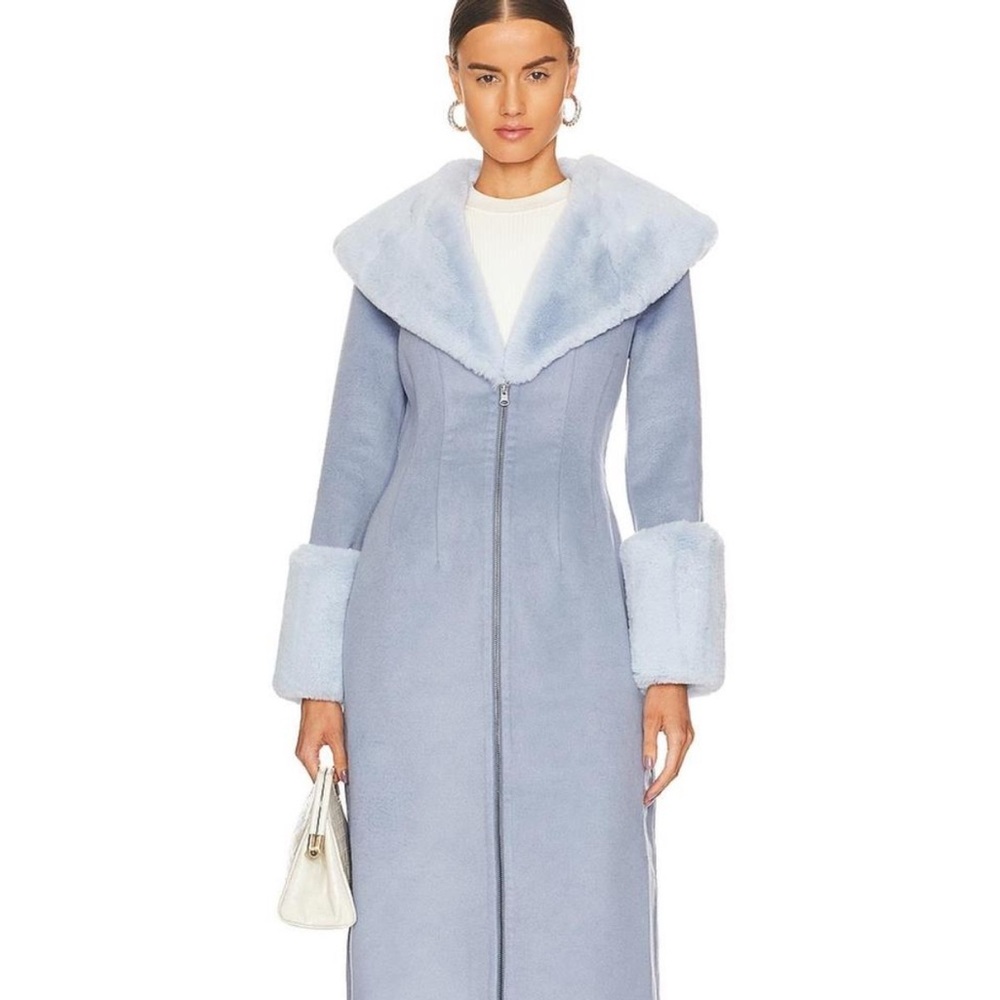 LPA House of Harlow Baby Blue Wool Coat with Fur Trim